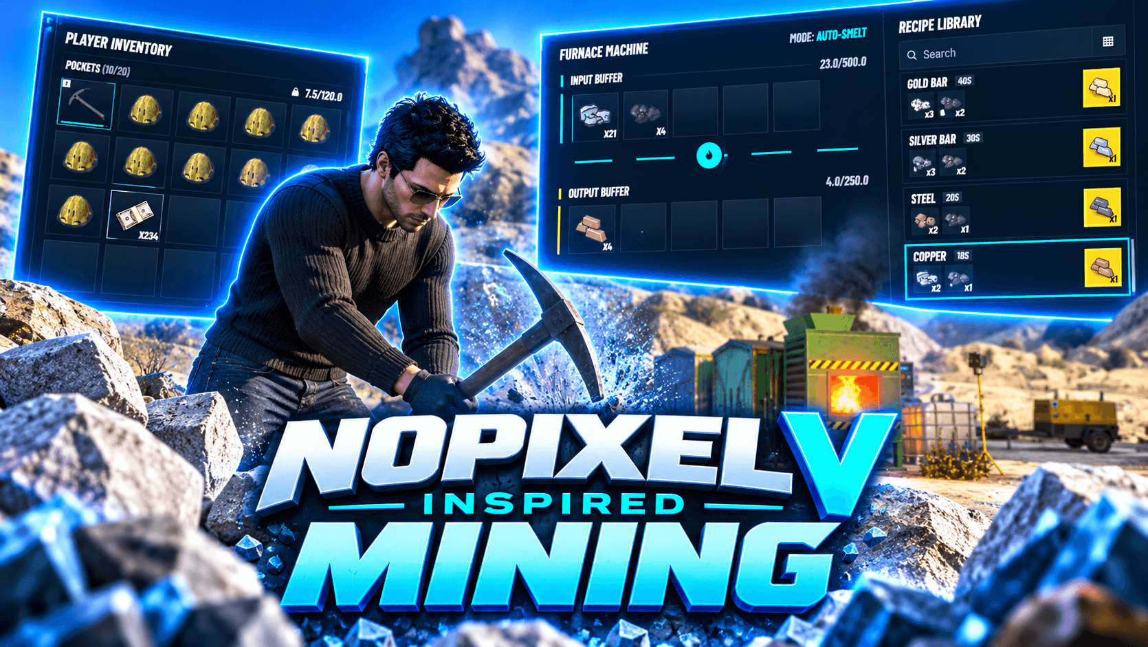 NoPixel V Inspired Mining | Boulders That Really Break + Furnace Smelting