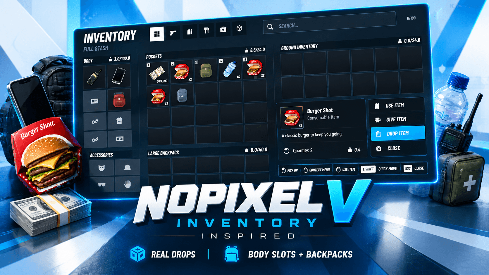 NoPixel V Inspired OX Inventory | Quick Stash + Body Slots + Backpacks
